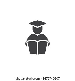 Student reading book vector icon. filled flat sign for mobile concept and web design. Graduate man with book glyph icon. Education symbol, logo illustration. Vector graphics