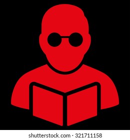 Student Reading Book vector icon. Style is flat symbol, red color, rounded angles, black background.