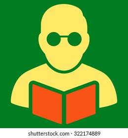 Student Reading Book vector icon. Style is bicolor flat symbol, orange and yellow colors, rounded angles, green background.