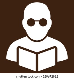 Student Reading Book vector icon. Style is flat symbol, white color, rounded angles, brown background.