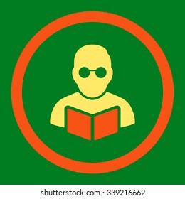 Student Reading Book vector icon. Style is bicolor flat rounded symbol, orange and yellow colors, rounded angles, green background.