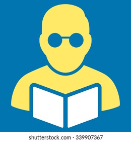 Student Reading Book vector icon. Style is bicolor flat symbol, yellow and white colors, rounded angles, blue background.