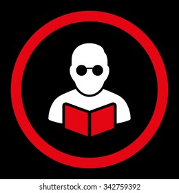 Student Reading Book vector icon. Style is bicolor flat rounded symbol, red and white colors, rounded angles, black background.