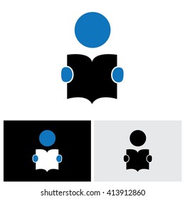 student reading a book vector icon with his hands holding the booklet. The graphic can represent concepts like students reading, children learning, enhancing knowledge