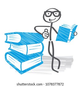 Student reading books. Books lying upon another. Vector illustration concept