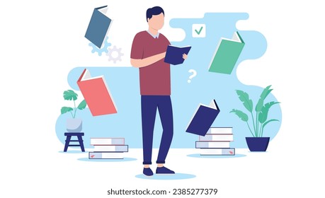 Student reading books - Male person standing, studying, learning and gaining knowledge. Education concept in flat design vector illustration with white background