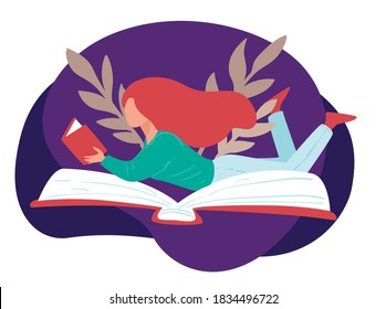 Student reading books for university lessons. Literature hobby of woman, academic writing or fiction. Publication with information, college or school exam preparation. Self education, vector