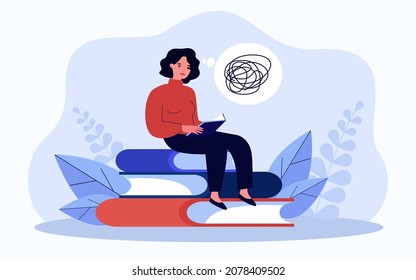 Student reading difficult book without understanding information. Tiny sad girl sitting with tangled thread flat vector illustration. Learning concept for banner, website design or landing web page