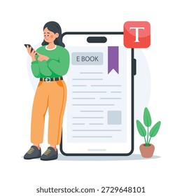 Estudiante que lee el ebook educativo en smartphone, ilustración plana del concepto