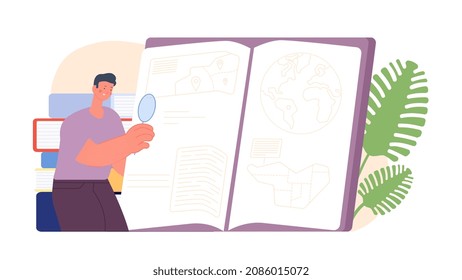 Student reading. Man study book, self education and read. Library concept, boy look new information vector scene