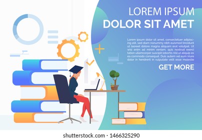 Student reading on laptop and studying at desk. University graduation and information concept. Presentation slide template. Vector illustration for topics like literature education and knowledge.