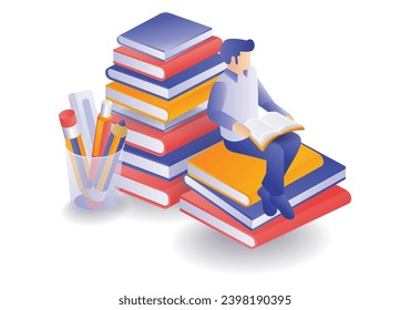 Student reading on stack of books concept illustration