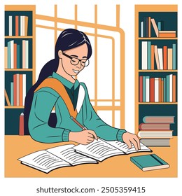 Student reading open book in the library, vector illustration