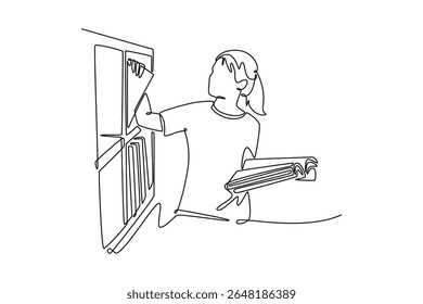 A student reading and selecting a book from a library shelf. University Student Life concept. Single line draw design. Vector graphic illustration