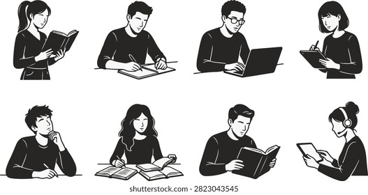 Student reading, studying icons, educational silhouettes.