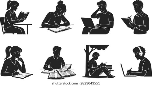 Student reading, studying icons, educational silhouettes.