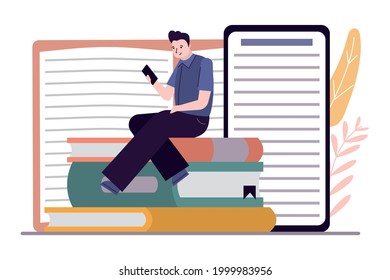 Student reads various literature on smartphone. Man sits on stack of books with phone. Application for reading ebooks on cellphone screen. Electronic library and online education. Vector illustration