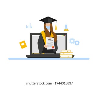 Student receives a diploma. Online education concept. Graduation quarantine 2021. Vector illustration