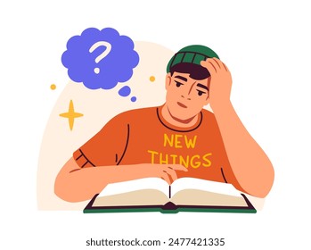 Student receives education concept. Man read book. Guy prepare to test or examination. Learning and training. Poster or banner. Flat vector illustration isolated on white background