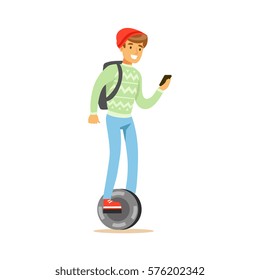 Student In Red Hat With BAckpack And Smartphone Riding Electric Self-Balancing Battery Powered Personal Electric Scooter Cartoon Character