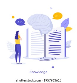 Student or researcher reading book and human brain. Concept of knowledge, university studies, school learning, smart education, academic or scientific literature. Flat vector illustration for poster.