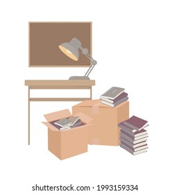 Residencia estudiantil. Escritorio, lámpara de mesa. Cajas móviles. Empaquetar y desempacar cosas. Registro de entrada al albergue, según lo previsto. Ilustración de dibujos animados vectoriales planos aislados en un fondo blanco. 
