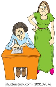 The student responds to test questions, the back is a teacher. Vector illustration.