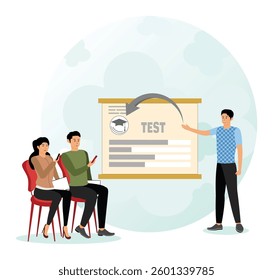 Student response system. Teacher presenting test concept to students in an academic session. Teacher explaining a test format, students actively listen and take notes. Flat vector modern illustration 
