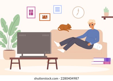 Student rest on sofa and watch TV. Young man in living room, relaxing and sleeping. Evening at home after work or study, vector cartoon scene