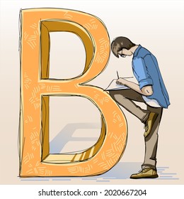 El estudiante se apoya en la letra B y escribe. Esbozo vectorial en un fondo claro.