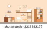 Student room interior. Dormitory or hostel furniture, living area for two children. Bed, bookshelf and workplace with laptop. Home inside vector scene