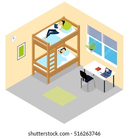 Student room isometric composition in dormitory with bunk bed where students are sleeping vector illustration