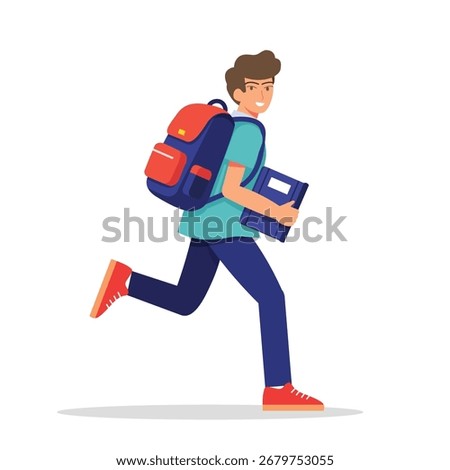 a student, running with a backpack and a book. symbolizes the beginning of a new academic year or the general concept of returning to studies.