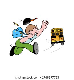 student running to catch school bus hurry up late concept. student waving hand gesture vector illustration on isolated background