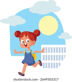 
Student Running in Front of School Building Vector Illustration. Cheerful schoolgirl feeling excited about the end of the school year 