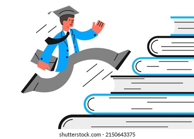 The student running up the stairs of book stacks to gain knowledge. The concept of achieving goals, success in education and career through the assimilation of information