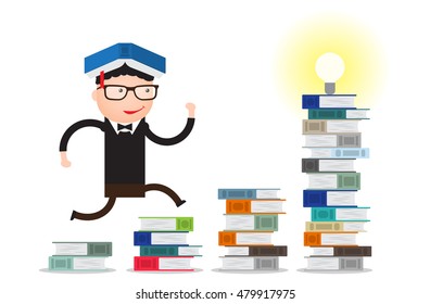 the student runs through the stacks of books up to knowledge