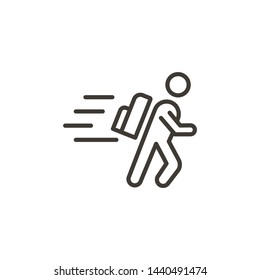 Student rushing to class icon. Vector thin line illustration of a character running with a backpack