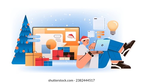 estudiante de santa hat hacer deberes seminario web educativo virtual tutor de vacaciones de año nuevo concepto