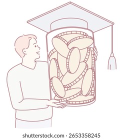 Ein Student, der Münzen für Bildung spart und damit wichtige finanzielle Vorbereitungen für eine bessere Zukunft symbolisiert