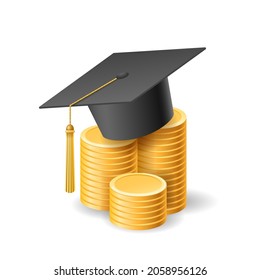 Student saving. School investment or college loan, learning money cost financial savings plan concept, education finance fee, university scholarship, coins stacks and bachelor cap image