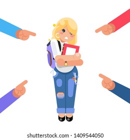 Student scared girl helpless victim rude harassment pointing fingers fear female pain woman character isolated flat design vector illustration