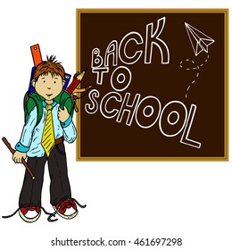 student school bag on his back, school supplies on a white background, school board, an inscription back to school, drawing paper airplane

