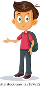 
Student with School Bag Presenting with Hand Gesture Vector Illustration. Cute schoolboy advertising an offer sale 
