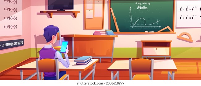 Student or school boy communicate by cell phone sitting at desk in classroom front of blackboard. Mobile phone addiction, scholar networking instead of learning lesson, Cartoon vector illustration