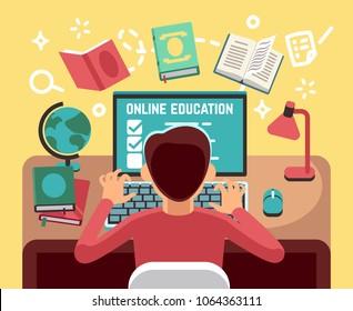 Student or school boy studying on computer. Online lesson and education vector concept. Student at computer, pupil online education illustration