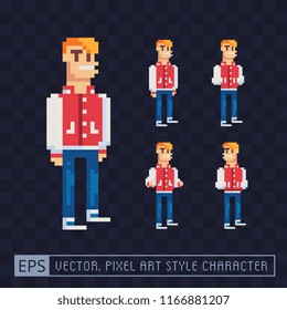 Student in school. Boy, young man pixel art character, isolated vector illustration. View from the front and side. 8-bit. Design for app, game developers and motion graphics