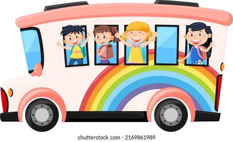 Estudiante en autobús escolar con ilustración de fondo blanco