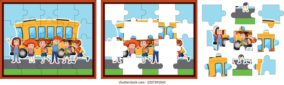 Student with school bus photo puzzle game template illustration