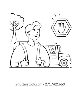 Estudiante con la ilustración del Transporte del autobús escolar